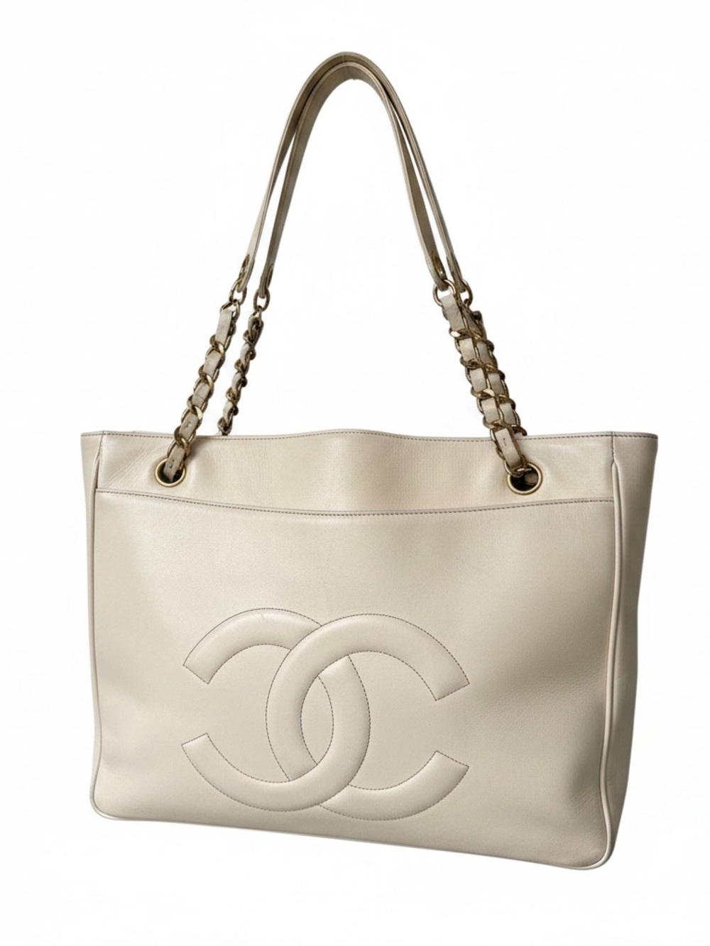 CHANEL Cream Leather Quilted Shoulder Tote with Gold Chain Straps